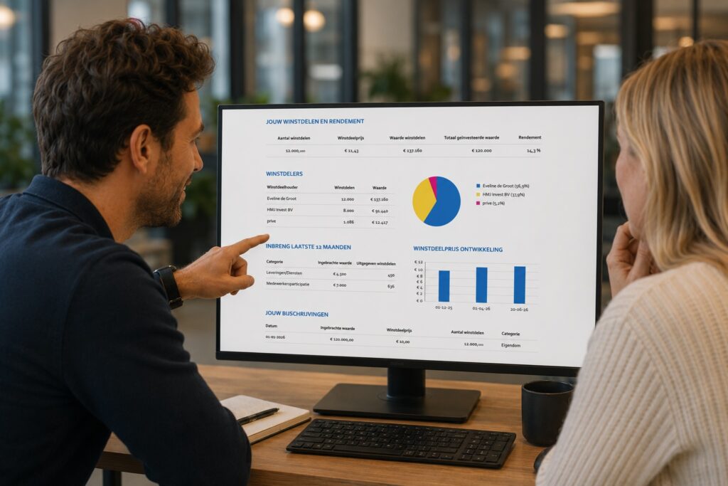 Medewerkers achter hun computer met een winstdelen dashboard